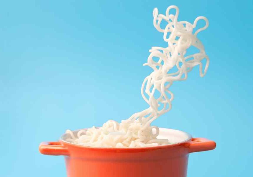 cooking pot with noodles magically in air