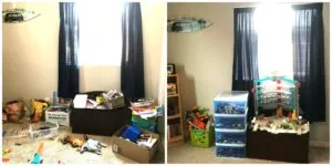 A before-and-after photo of a kid’s bedroom. On the left, the room is cluttered with toys, books, and scattered items. On the right, the room is neatly organized with toys stored in bins and shelves, creating a clean and tidy space.