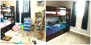 A before-and-after photo of a kid’s room with bunk beds. The left image shows a messy area with toys and items scattered around, while the right image shows the room clean and organized with the beds neatly made and the floor clear.