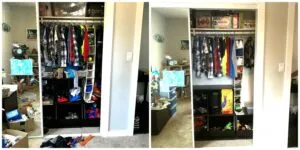 A before-and-after photo of a kid’s closet. The left image shows a messy closet with clothes and items scattered, while the right image shows the closet neatly organized with clothes hung up and items stored neatly in bins.