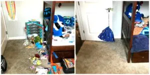 A before-and-after photo of a kid’s bedroom corner. On the left, the area is cluttered with scattered toys, books, and items on the floor. On the right, the same area is neatly cleaned up with everything put away and the floor clear.