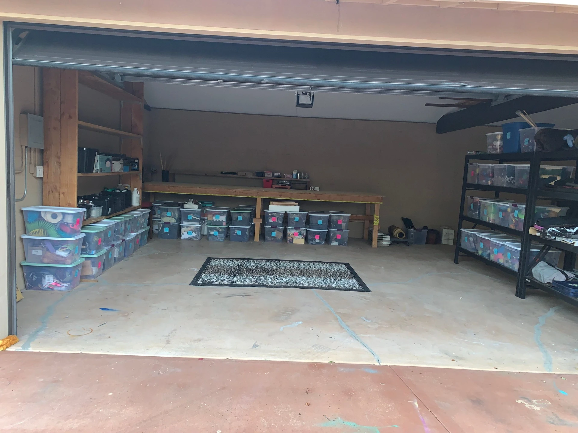 A neatly organized garage with labeled storage bins, shelves, and a clean floor, showcasing a transformed, decluttered space.