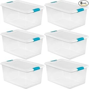 Sterilite 64 Qt Latching Storage Box, Stackable Bin with Latch Lid, Plastic Container to Organize Clothes in Closet, Clear with White Lid, 6-Pack