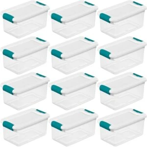 Sterilite 6 Qt Latching Storage Box, Stackable Bin with Latch Lid, Organize Linens, Towels, Clothing in Home Closet, Clear with White Lid, 12-Pack