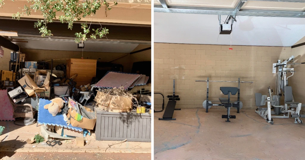 Garage decluttering before and after transformation – from cluttered storage to organized home gym.