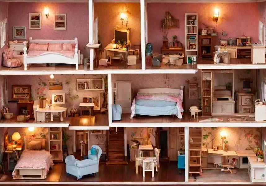 A dollhouse showcasing multiple rooms with miniature furniture, each room representing a unique household zone like a bedroom, kitchen, office, and living space.